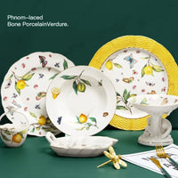 Lemon Pattern Ceramic Dinner Plate - Elegant European Tableware