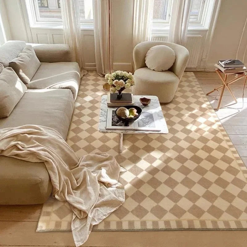 Retro Checkerboard Plush Area Rug - Soft Bedroom and Lounge Carpet