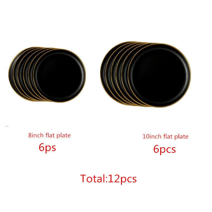 Black Porcelain Dinner Set - Gilt Rim Plates, Bowls & Serveware