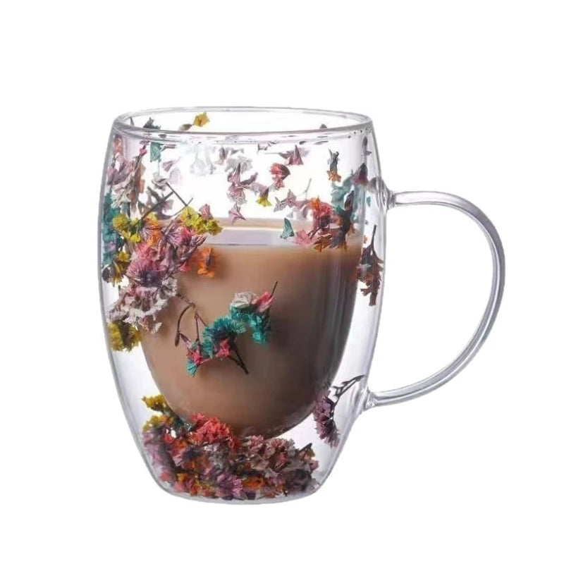 Double-Layer Borosilicate Glass Cup - Floral Petal Coffee Mug