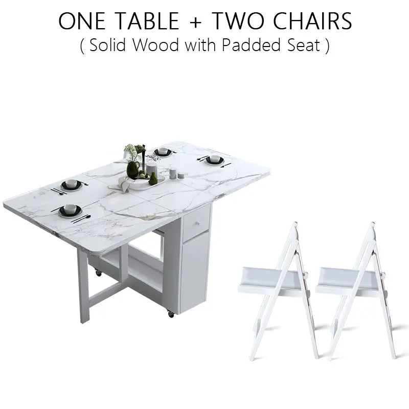Foldable Dining Table Set - White Multifunction Rectangle Table with Chairs