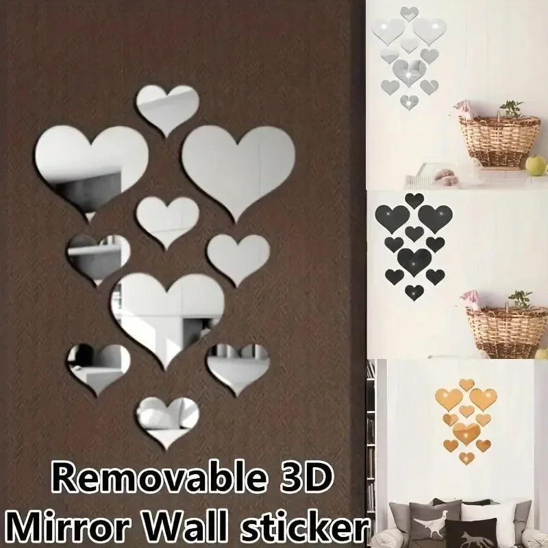 3D Love Heart Mirror Wall Stickers - Removable Acrylic Wall Decor