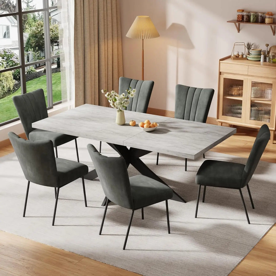 Extendable Grey Wood Dining Table Set - 6 Black Fabric Chairs