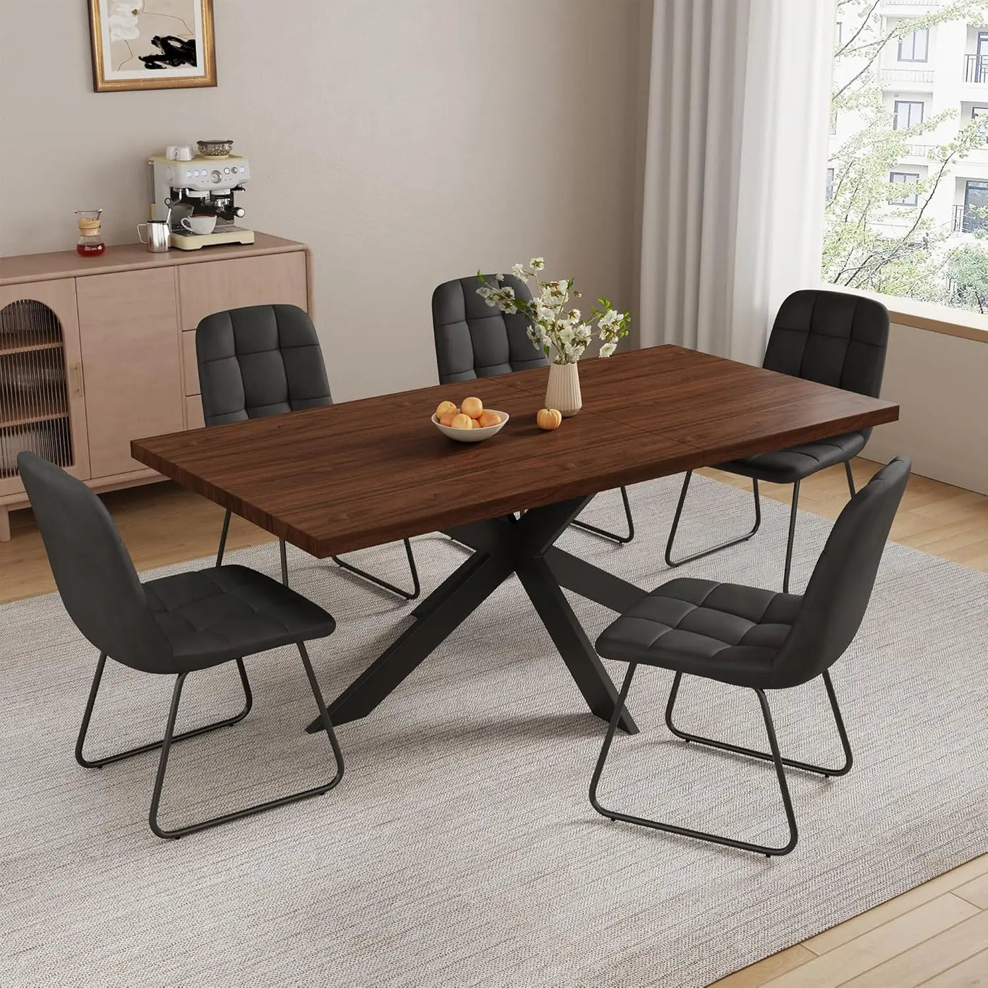 Extendable Grey Wood Dining Table Set - 6 Black Fabric Chairs
