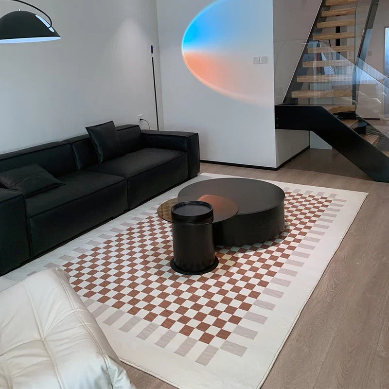 Retro Checkerboard Plush Area Rug - Soft Bedroom and Lounge Carpet