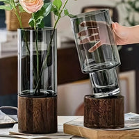 Elegant Glass Vase with Wooden Base - Modern Hydroponic Display