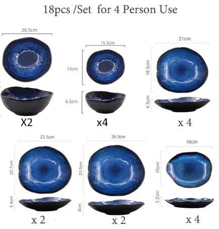 Irregular Ceramic Dinner Set - Blue Tableware for 1 to 4 People