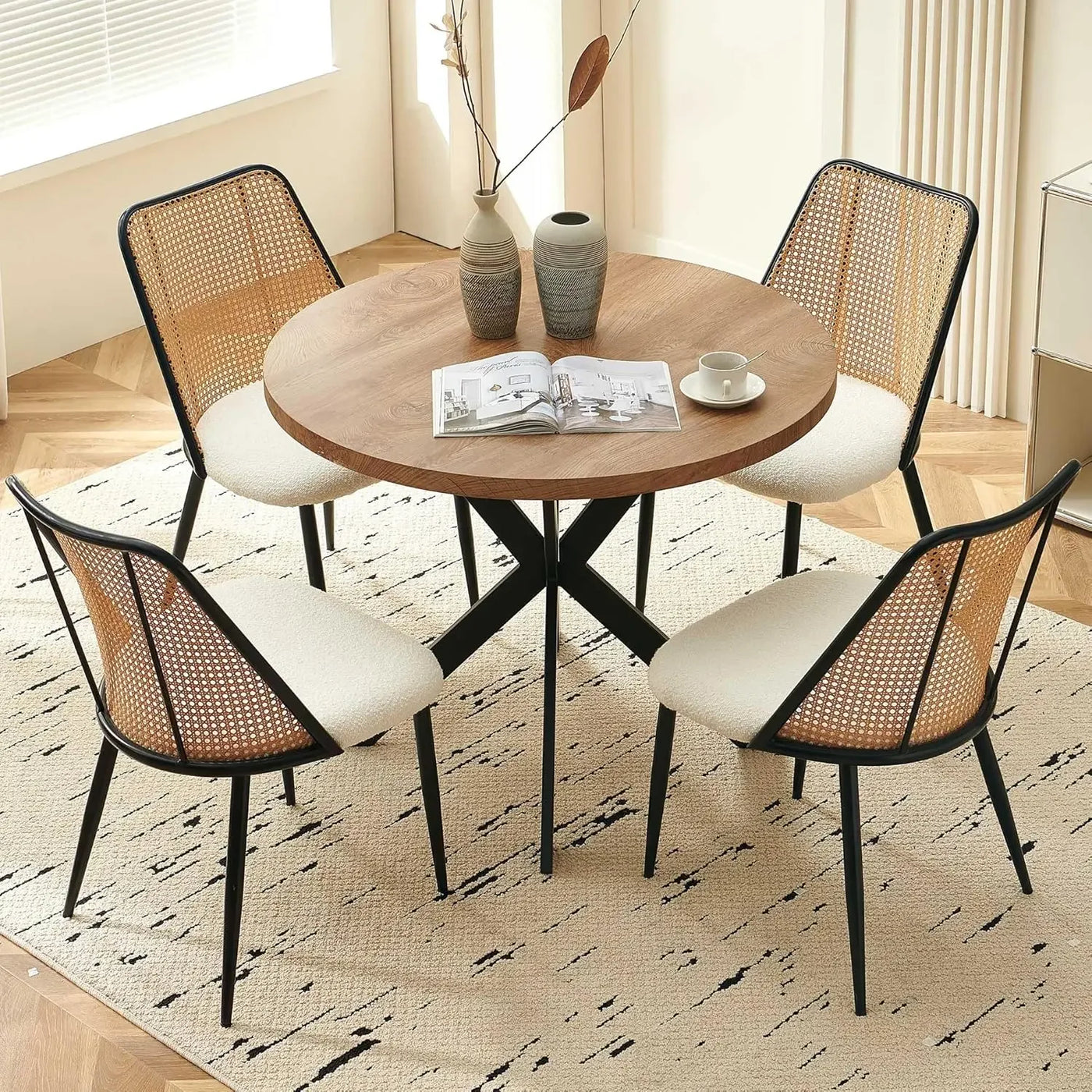 Round Dining Table Set with Rattan Chairs - Modern 4-Chair Set