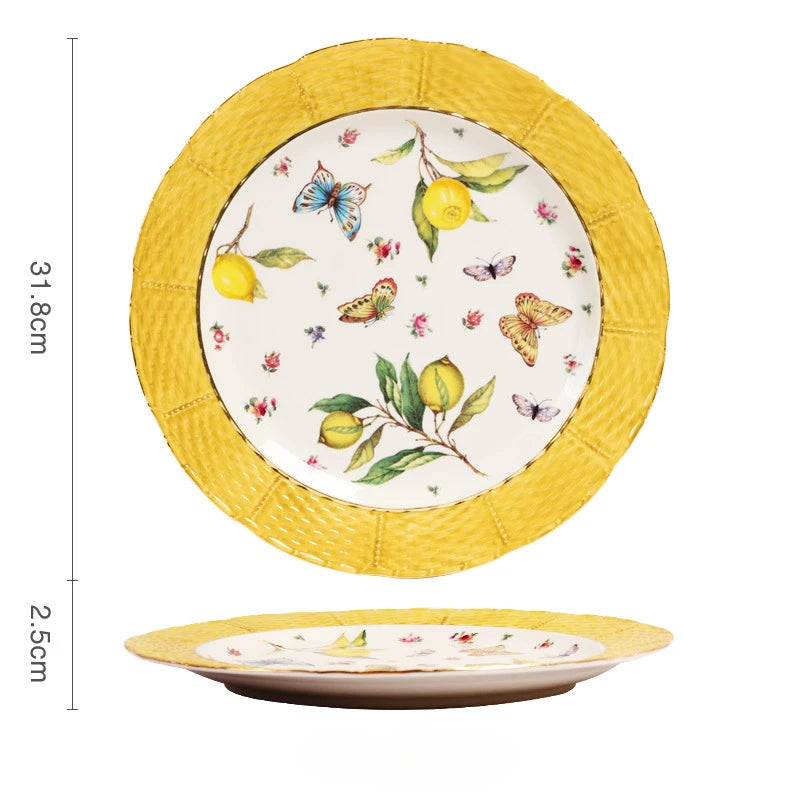 Lemon Pattern Ceramic Dinner Plate - Elegant European Tableware