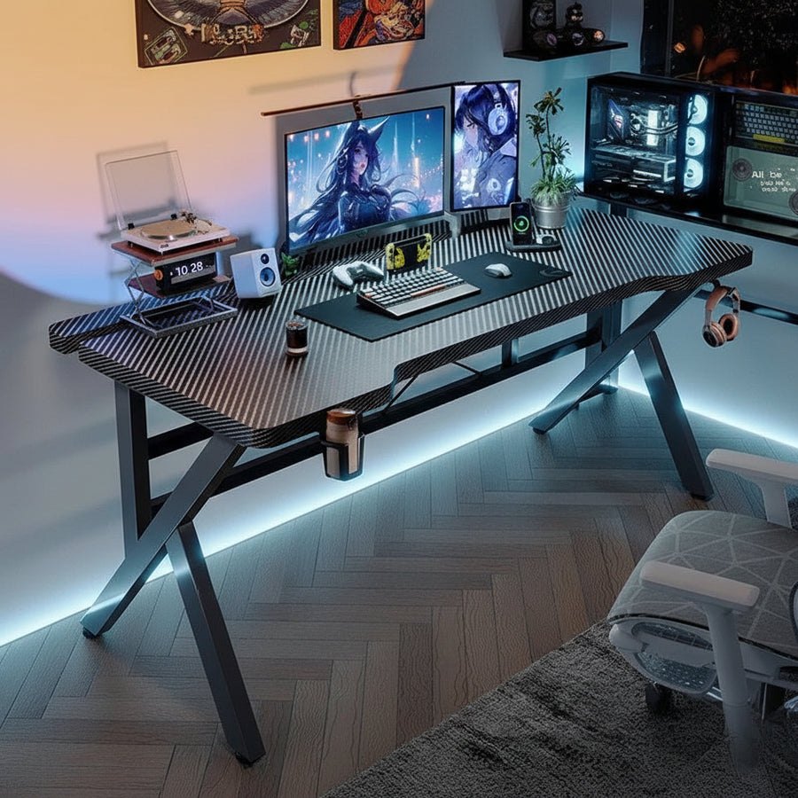 Gaming Desk with Monitor Stand - Carbon Fiber Textured Computer Table