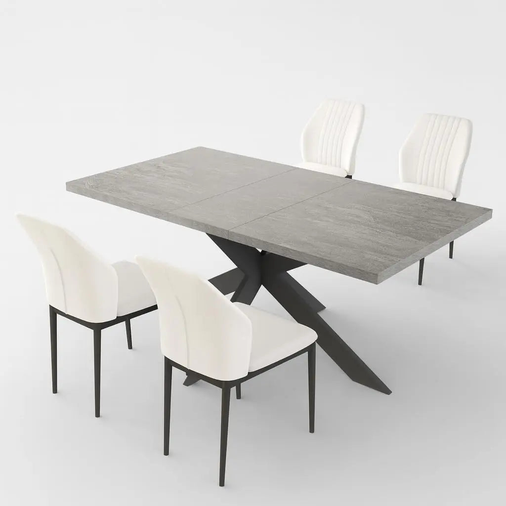 Extendable Grey Wood Dining Table Set - 6 Black Fabric Chairs