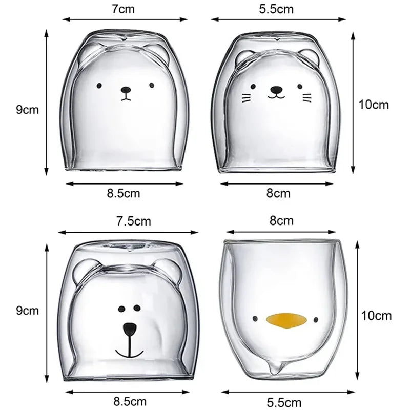 Double-Walled Animal Glass Mug - 250ml Cute Coffee Cup