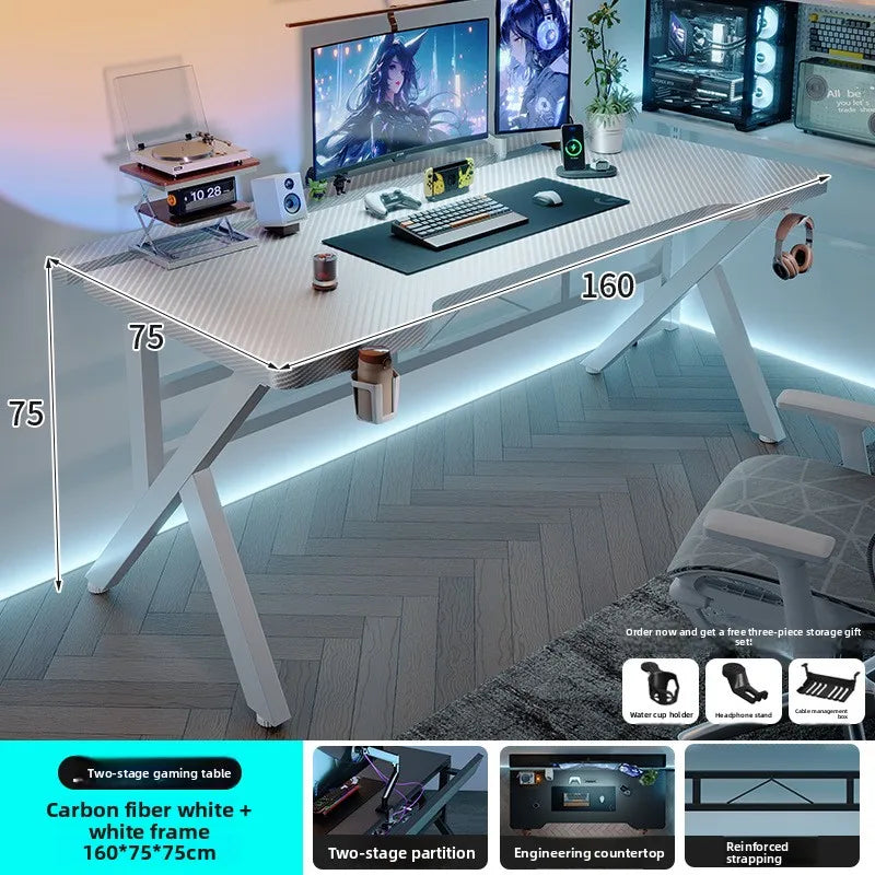 Gaming Desk with Monitor Stand - Carbon Fiber Textured Computer Table