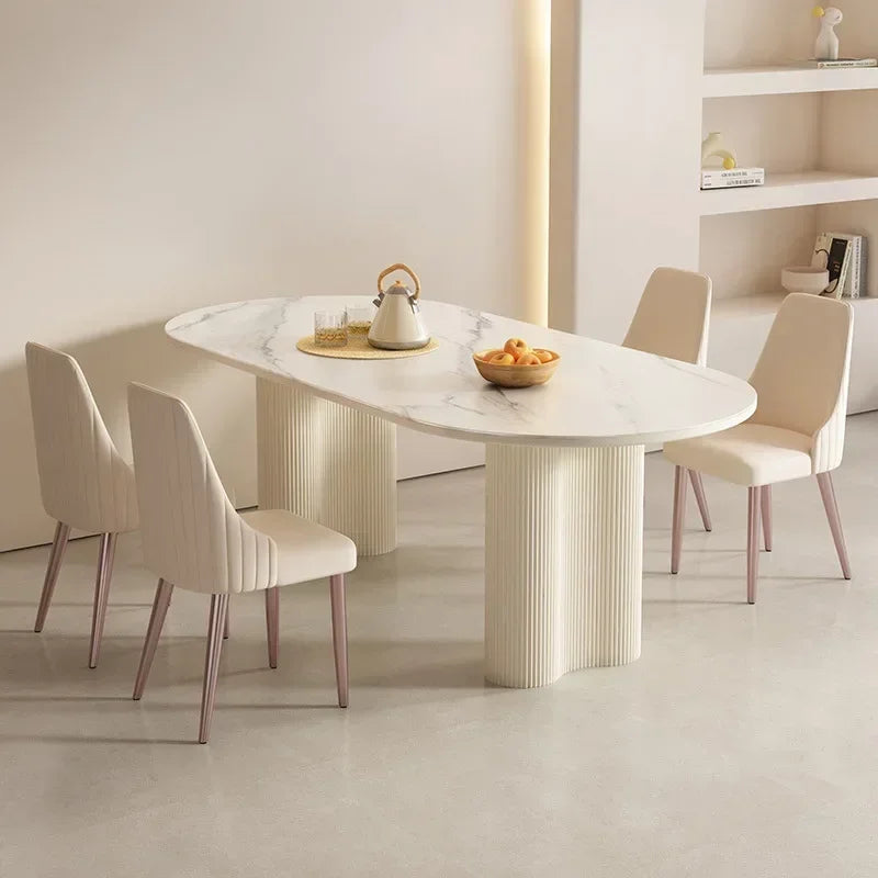 Cream White Oval Sintered Stone Dining Table Set - Modern 6-Chair Set