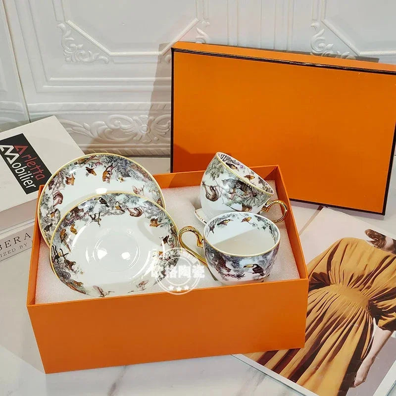 European Jungle Dinnerware Set - Ceramic Steak Plate and Coffee Cup Collection