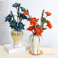 White Ceramic Vase with Gold Edge - Luxe Tabletop Flower Accent