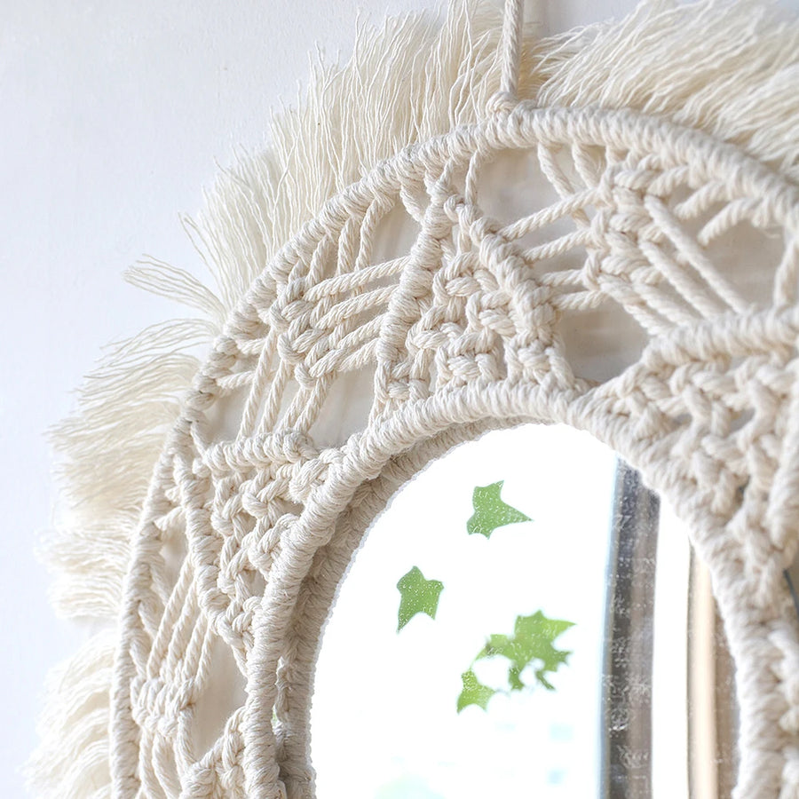 Boho Macrame Round Wall Mirror - Decorative Home Accent